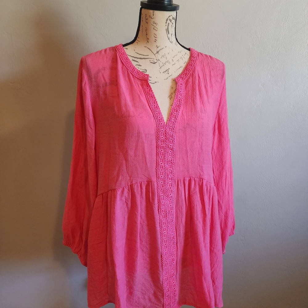 Counterparts Pink Peasant Tunic with Crochet Trim